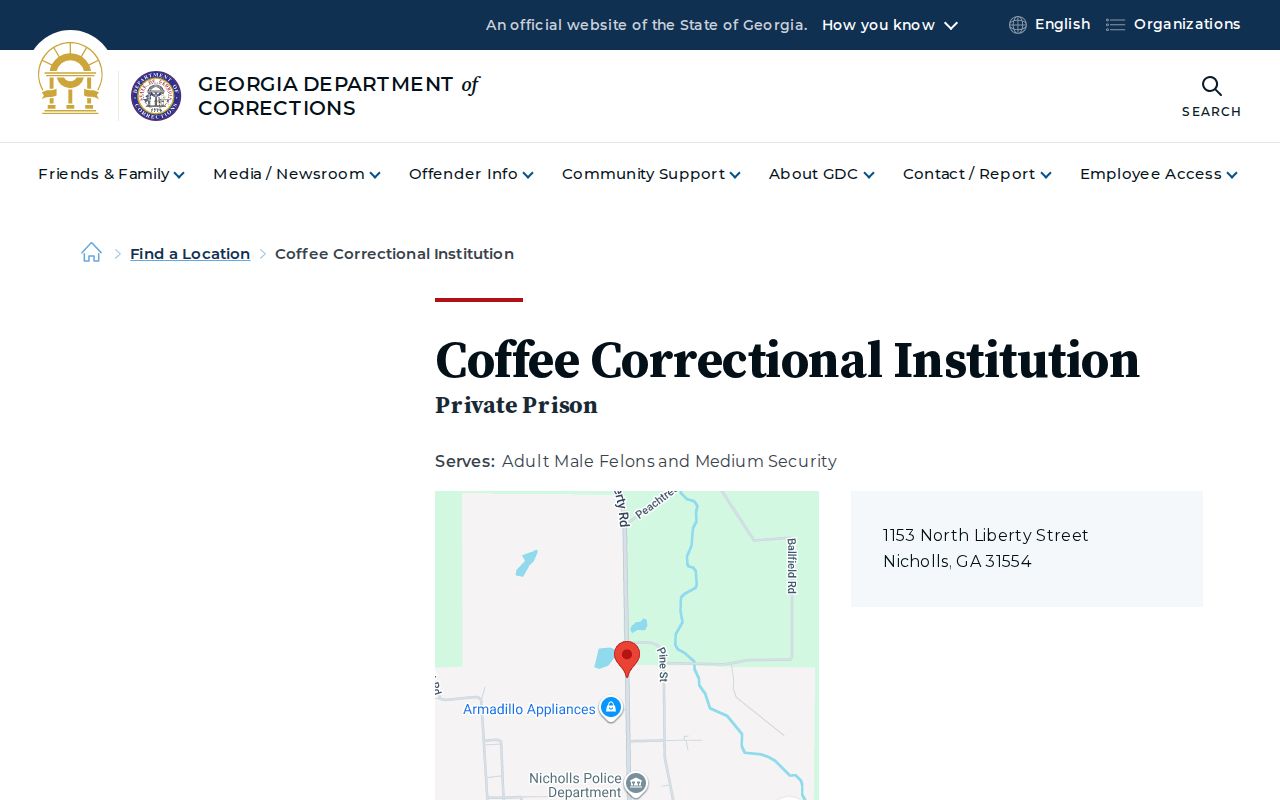 Coffee Correctional Institution offender release source on the GDC facility page
